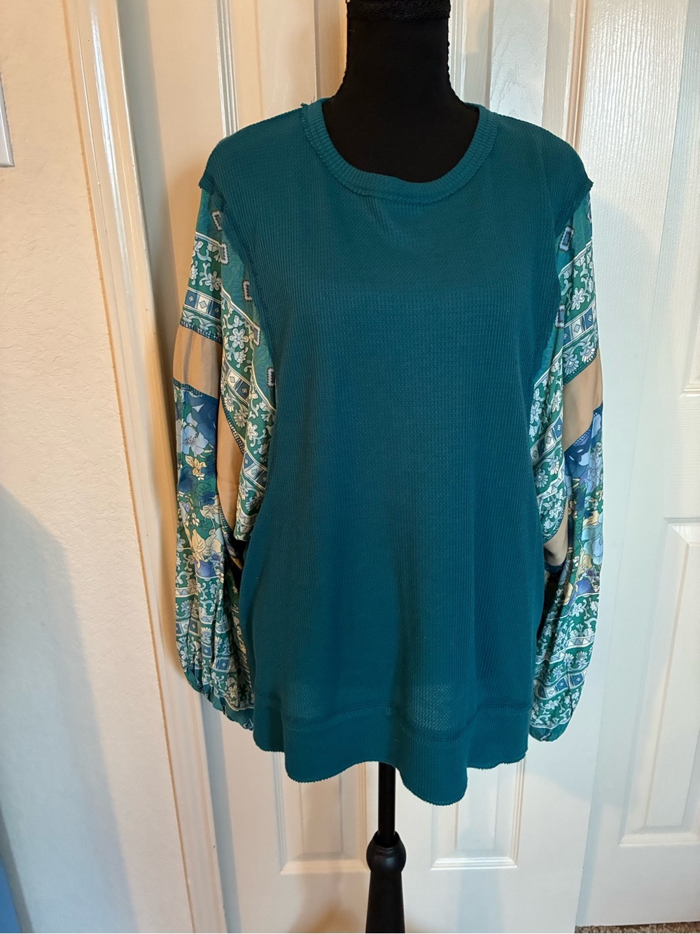 Teal Mixed-Print Balloon Sleeve Sweatshirt